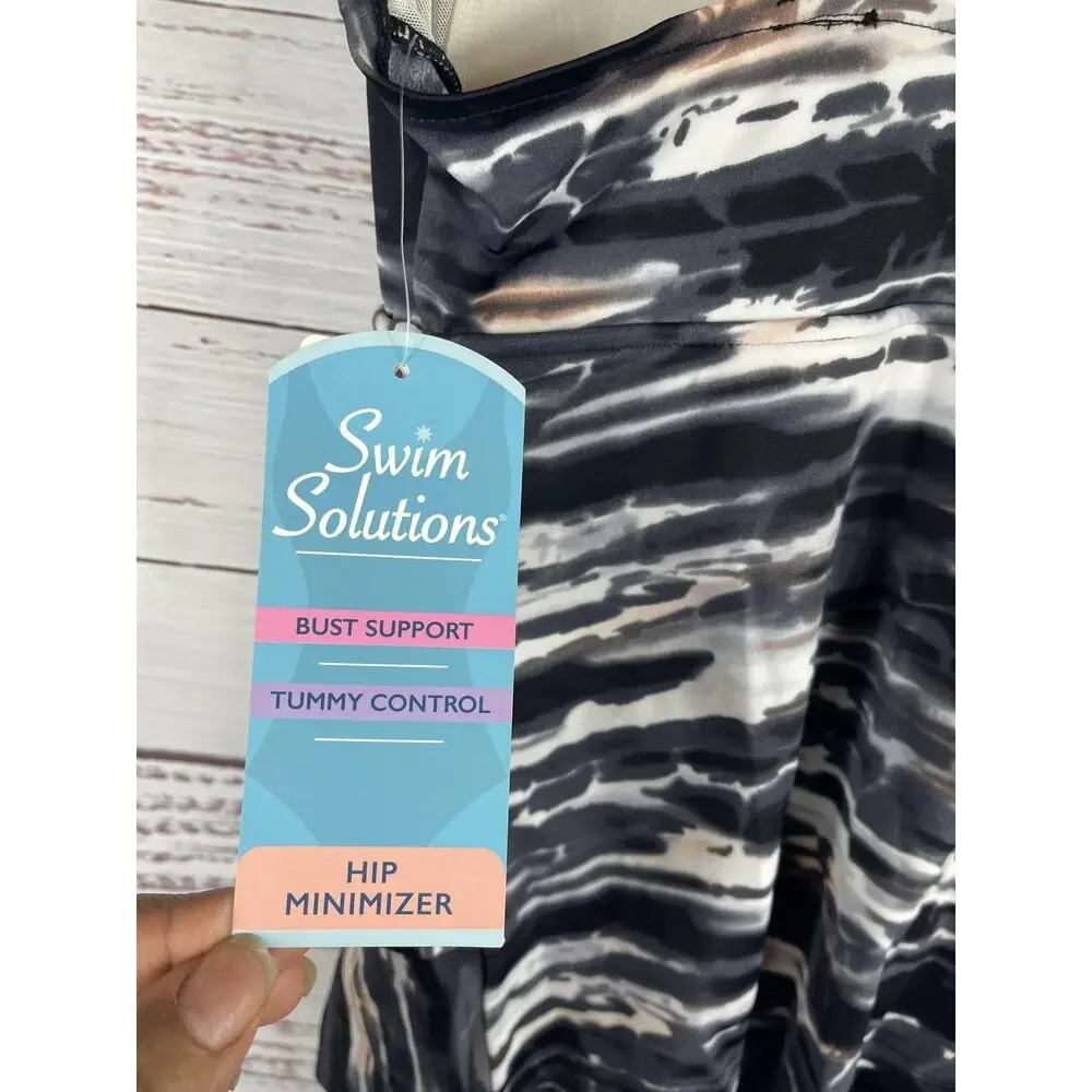 Swim Solutions 8 Triple Tier Coastal Plates Black Tiered Tummy Control One-Piece - Picture 7 of 10